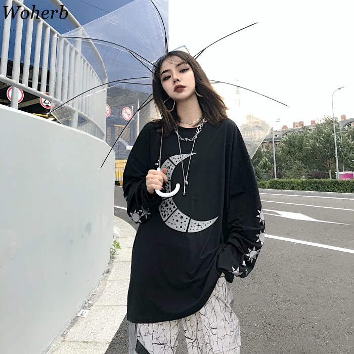 Woherb Harajuku BF с круглым вырезом футболка с длинным рукавом для женщин с рисунком Луны, Повседневное свободные топы Для женщин уличная Camiseta Feminina 91481