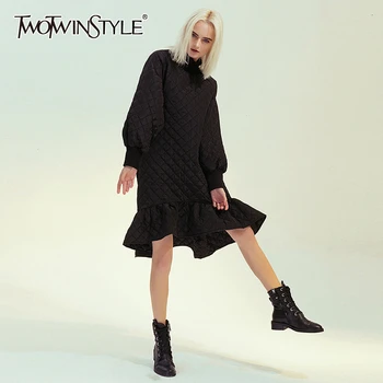 

TWOTWINSTYLE Patchwork Ruffles Dresses For Female Stand Collar Lantern Long Sleeve High Waist Dress Women Fashion 2020 Clothing