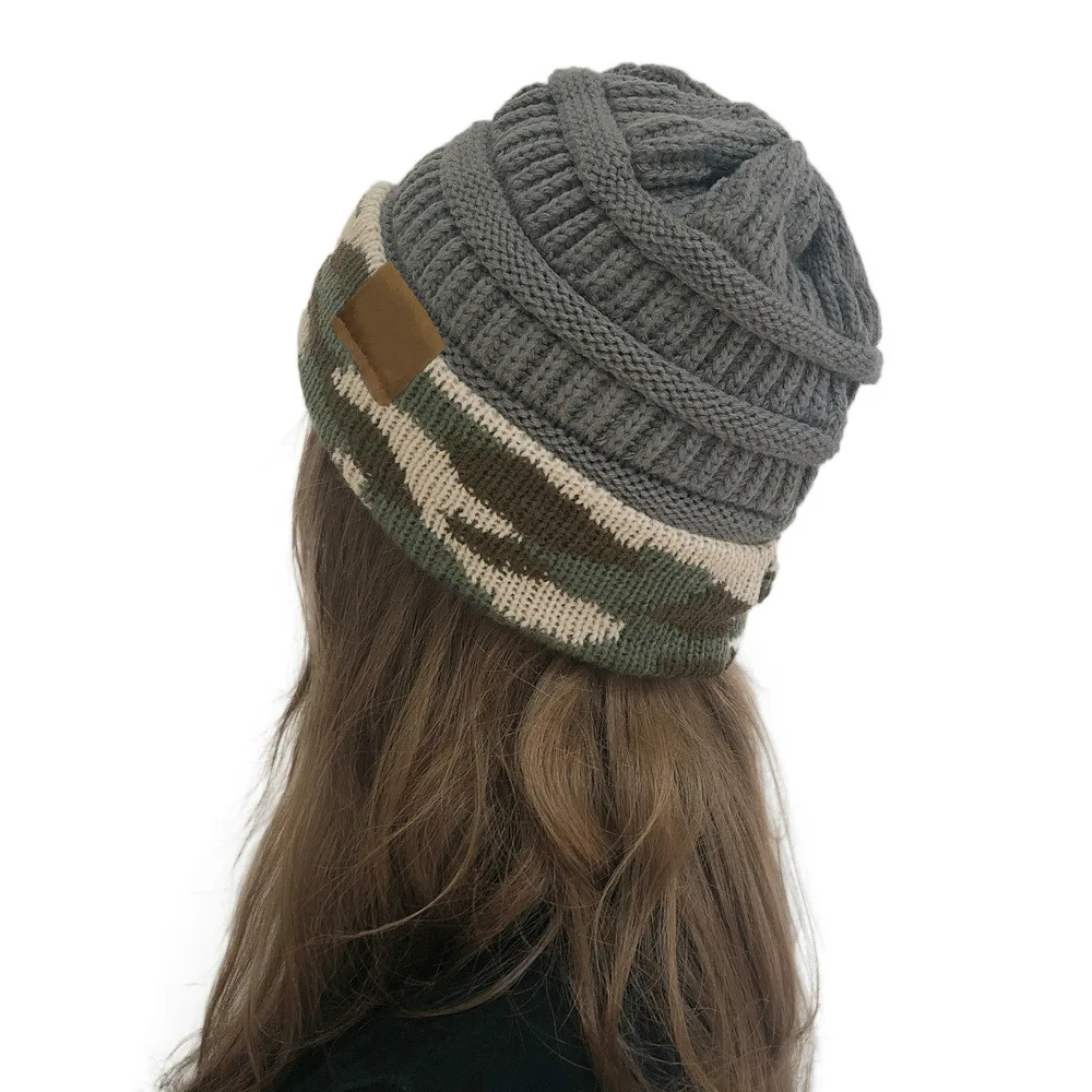 New Fashion Woman Winter Warm Hat Knit Thick Camouflage Stitching Hat Cashmere Beanies Unisex Accessories Cap