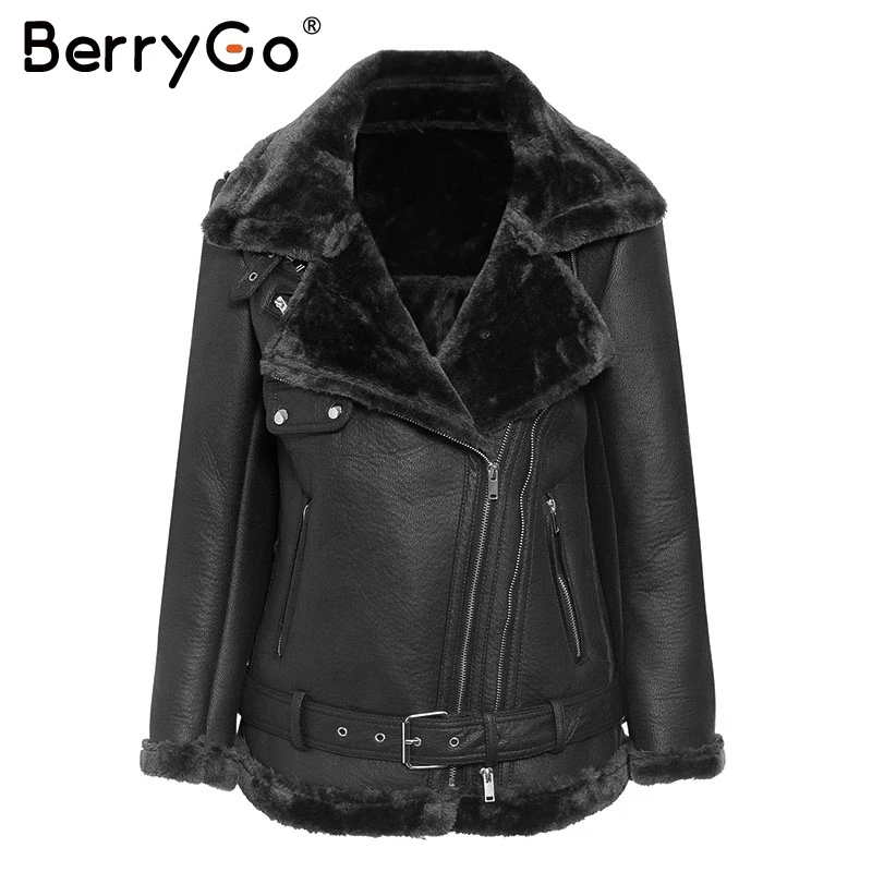 Черный BerryGo шуба из искусственной кожи, женская толстая верхняя одежда, куртка из искусственной кожи,, пояс на молнии, карманы, зимние теплые женские пальто - Цвет: Черный