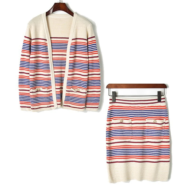 2019 Spring Women Sweater Suits Hit Colors Striped Long Sleeve Knitted Crop Cardigan + High Waist Midi Pencil Skirt 2 Piece Sets | Женская