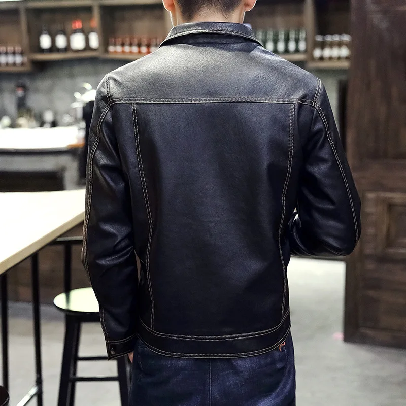 

Men Trend Leather Coat Fold-down Collar Youth Autumn & Winter Leather Jacket Multi-pockets Slim Fit PU Leather