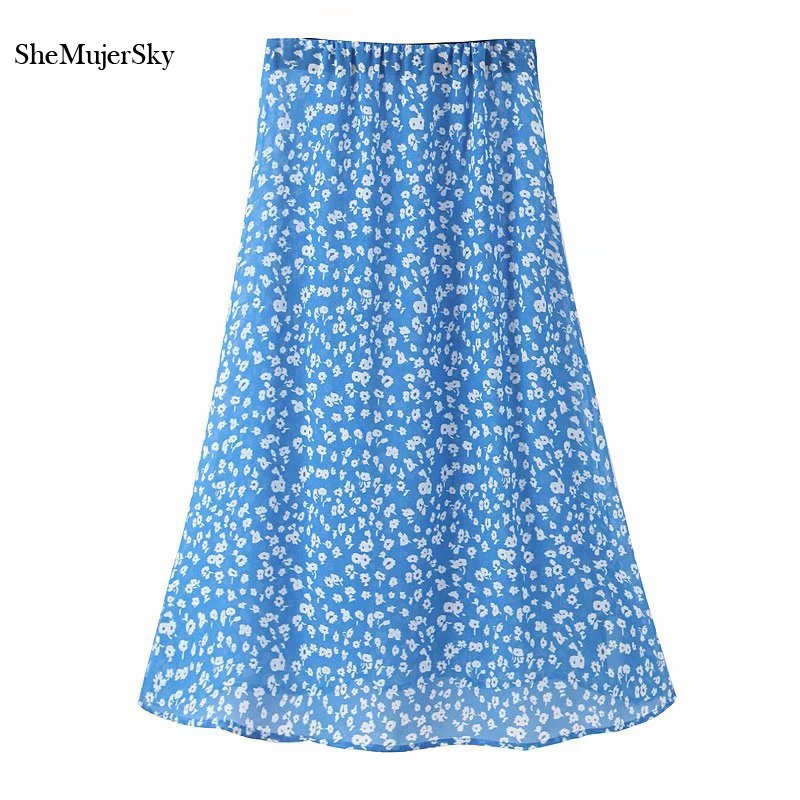 

SheMujerSky Summer Blue Women High Waist Skirts Print Midi Skirt Beach Holiday falda mujer 2019