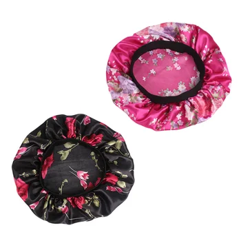 

2pcs Floral Nightcap Wide Side Satin Sleeping Cap Hair Loss Caps Chemotherapy Hats Beanie Cap with Soft Elastic Band for Women a