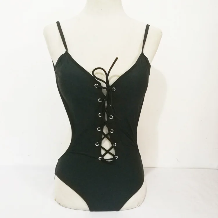 

2018 New Style Sexy One-piece Black And White with Pattern Chest with Drawstring Bikini Swimwear Bathing Suit