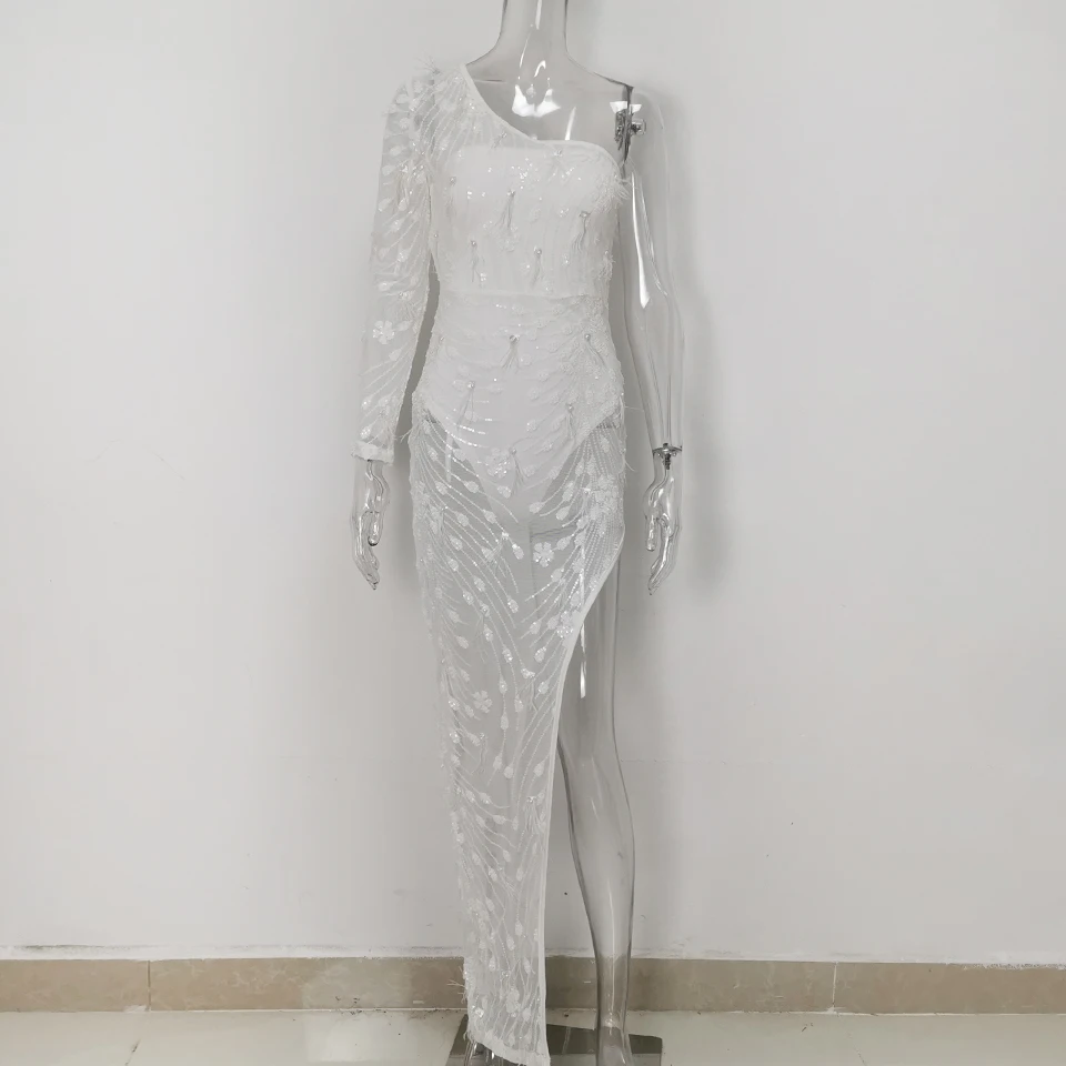 White Karlofea, сексуальное вечернее платье с перьями, на одно плечо, с длинным рукавом, с блестками, макси платье, элегантное, с высоким разрезом, Рождественская одежда знаменитостей - Цвет: White