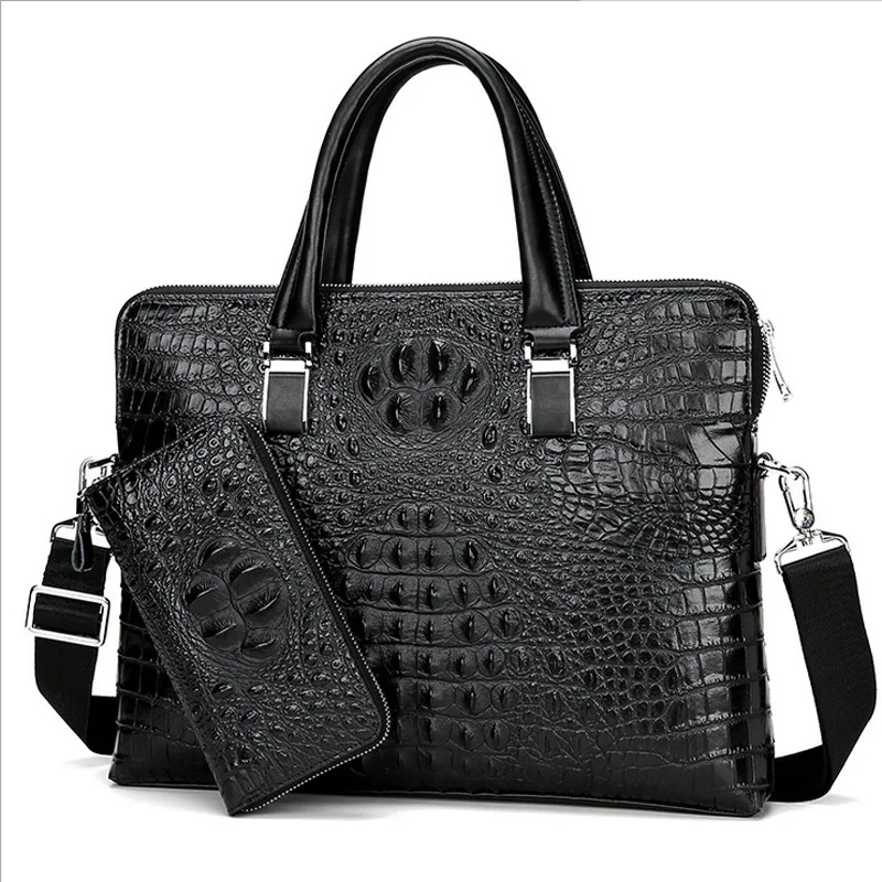 

Men New Style Cowhide Crocodile Pattern Double Zipper Briefcase Cool Business Shoulder Bag 14-Inch Laptop Bag