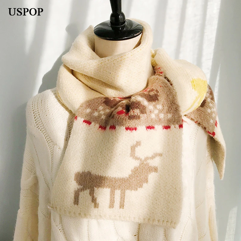 USPOP, Модный зимний шарф для женщин, модные шарфы, винтажные рождественские олени, жаккардовый вязаный плотный шарф