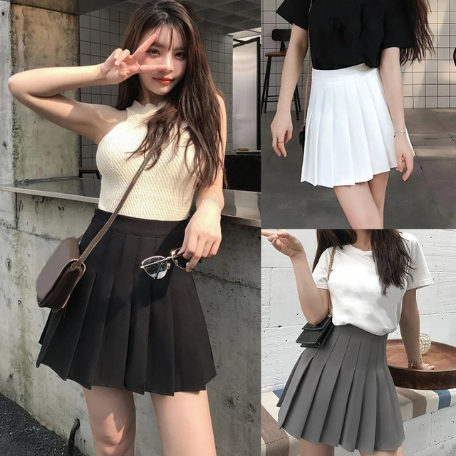 Casual Women Solid Color High Waist Flared Pleated A Line Mini