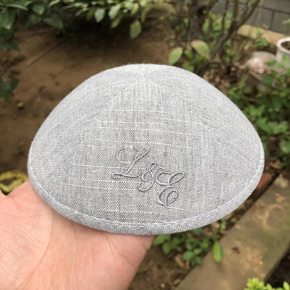 Wedding KIPPAH, KIPPOT, KIPOT LIGHT GREY HEAVY LINEN YARMULKE WITH WHITE EMBROIDERY LOGO 18
