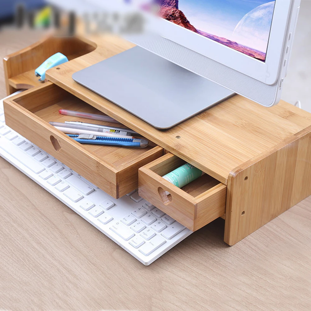 

Hot Desk Stationery Holder Organizer Storage Bamboo Computer Increased Shelf with 2 Drawers LCD Screen Cabinet Office Supplies
