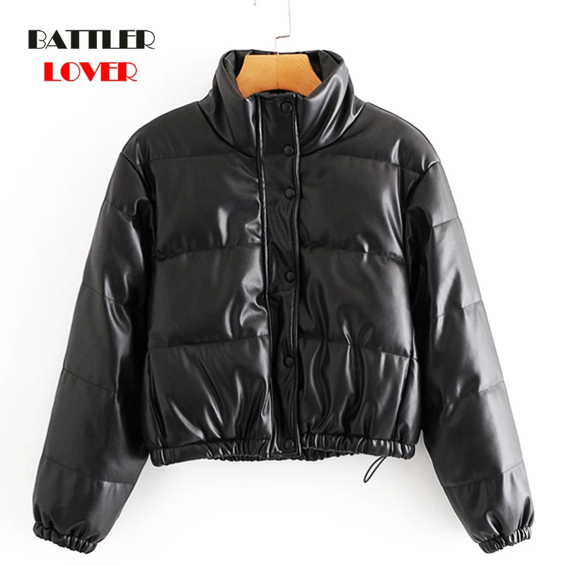 Women Fashion Leather Padded Coats Thick Warm Parkas Lady Vintage Long Sleeve Jacket for Female Windbreaker Outerwear Chic Tops
