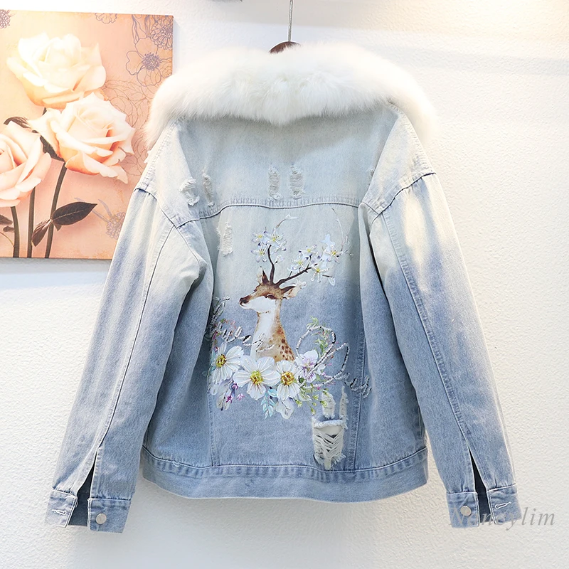 

Denim Cotton-Padded Women's Korean-Style Loose Hole Fleece Thick Warm Jeans Coat with Fur Collar Short Female Lady Street Parka