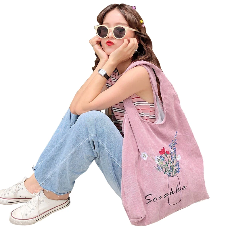 Вельвет сумка ваза школьная сумка с вышивкой Женские Повседневное Сумки из натуральной кожи ткань сумки; Сумки С Короткими Ручками ежедневные кошельки