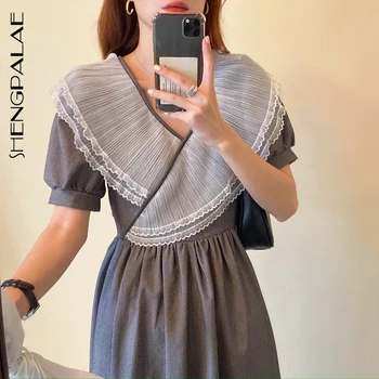 

SHENGPALAE 2020 New Summer Women Vintage Loose High Waist Slim Was Thin Elegant Lace Splice Short Sleeve Maxi Dress ZA4312