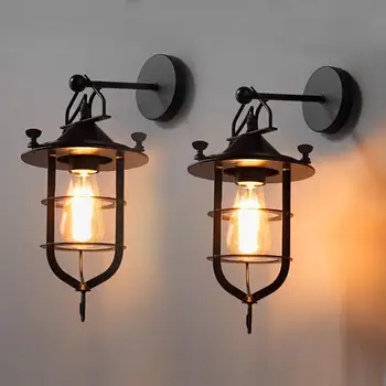 

American Personality Restaurant Bar Stair Corridor Balcony Led Decor Fixture Lighting Industrial Retro Ironwork Glass Wall Lamp