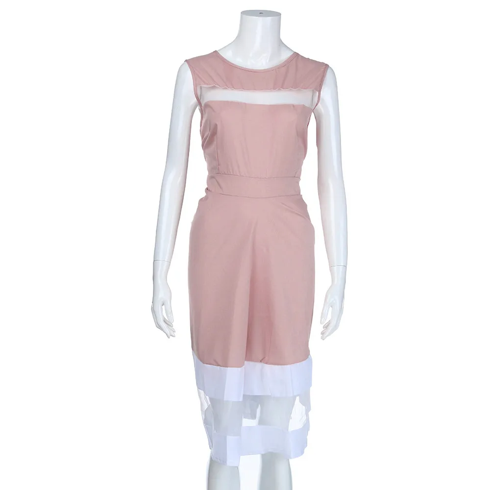 Women's Dresses Jurken 2019Top Hot Women Elegant Knee-Length Sexy Mesh Patchwork O-Neck Sleeveless Party Dress Robe Femme