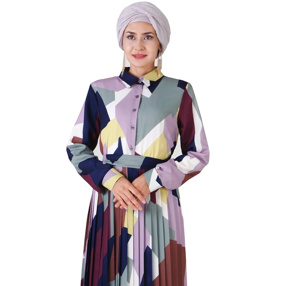 

INS Hot Selling Europe And America Dubai Geometry Graphics Accordion Pleat Dress Muslim Dress
