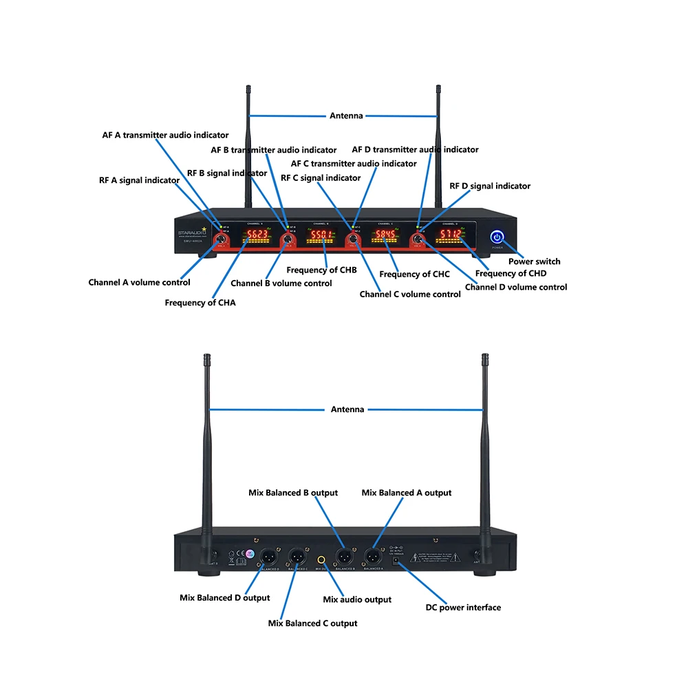 STARAUDIO 4CH UHF Ручной беспроводной микрофон с 4 канальной регулируемой частотой для