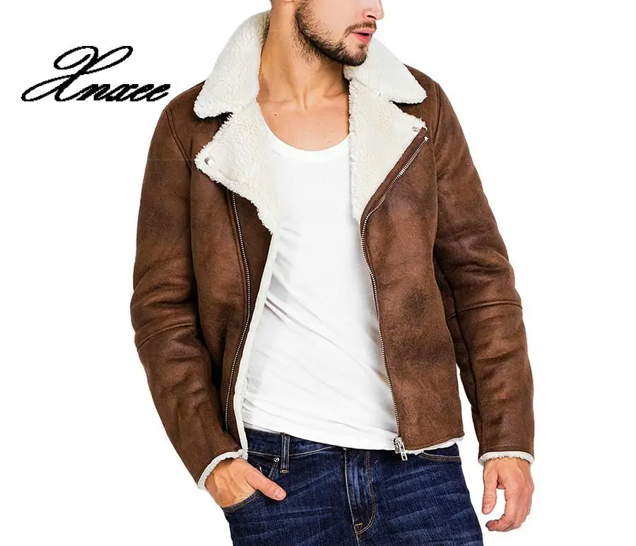 

Faux Fur Collar Faux Leather Jacket Men Winter Brown Suede Jacket Fleece Warm Bomber Coats Male Outwear Pocket 3XL Side Zipper