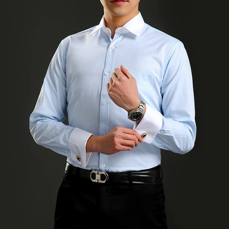 Мужская классическая Однотонная рубашка с французскими манжетами, формальная деловая Стандартная рубашка с длинными рукавами(запонки в комплекте