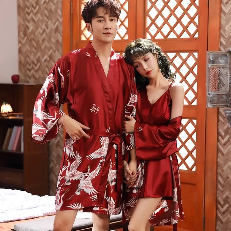 Men Silk Plus Size Print Bathrobe Wedding Bath Robe Kimono Robes Dressing Gown Night Sleepwear Couples Lover Hotel Home Clothing