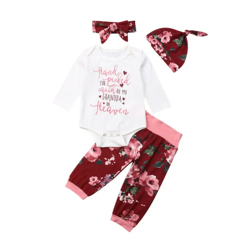 

4PCS Set Newborn Baby Boy Girl Long Sleeve Cotton Bodysuit Tops Floral Long Pant Headband Hat Outfits Autumn Clothes
