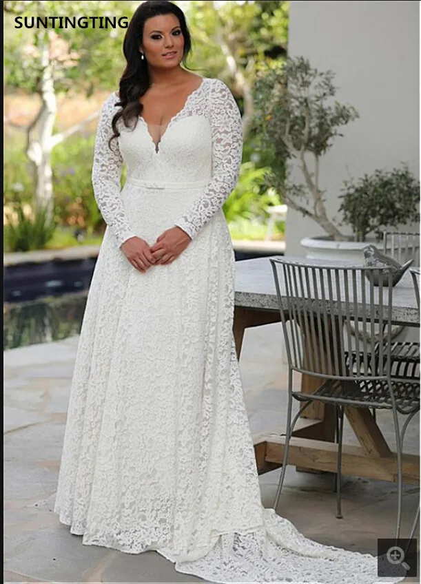 

Glamorous white Lace V-neck A-line Wedding Dresses modest With Long Sleeves court train vintage bridal gowns best selling
