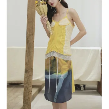 

Gradient Yellow Summer Spaghetti Strap Print French Dress A Line V Neck Knee Length Dress Women High Fashion Clothes t681