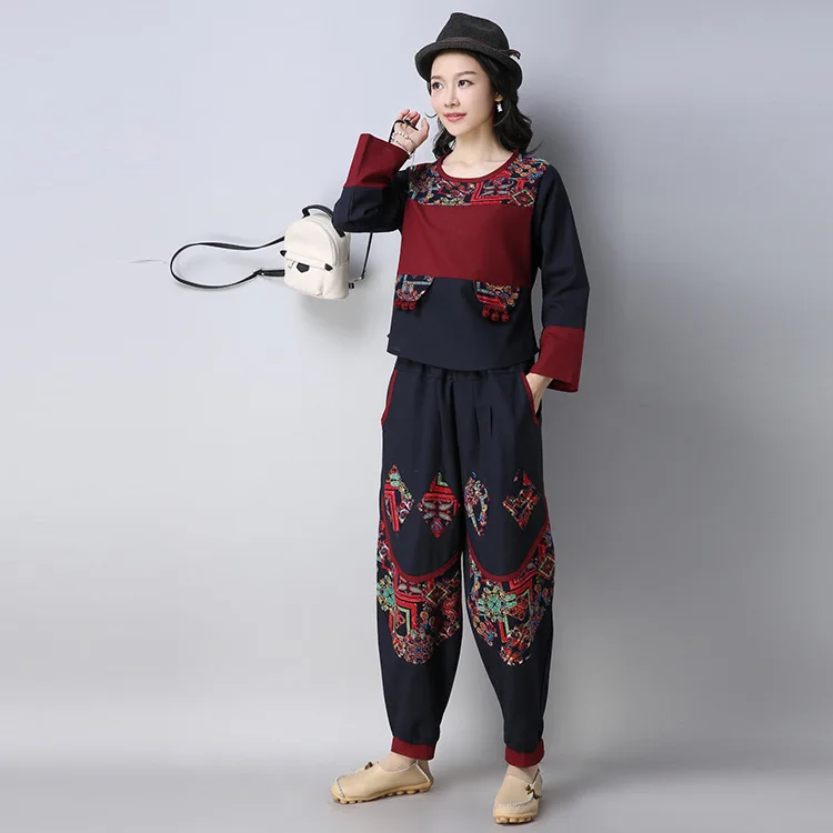 

2018 Autumn Clothing New Style Ethnic-Style Loose And Plus-sized Joint Printed Cotton Linen Loose Pants Fashion Leisure Suit