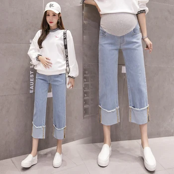 

1792# 8/10 Length Rolled Up Wide Leg Loose Denim Maternity Jeans Spring Summer Belly Pants Clothes for Pregnant Women Pregnancy
