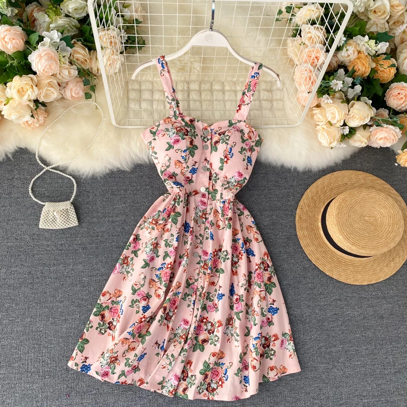 Floral Print Vintage Spaghetti Strap Retro Beach Boho Mini Dress