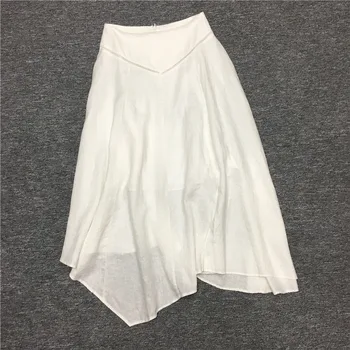 

[ElfStyle] - White Asymmetric Linen Midi Skirts Wit slit High Waist Zipper Back Ladies fashion Skirts 2020ss