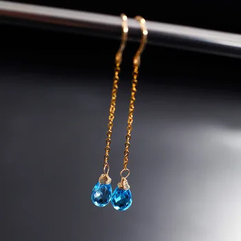 

RENESSA 14K Gold Injection Blue Topaz Stud Earrings Women Long Earrings Gifts Girlfriend Earrings