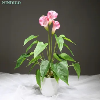 

INDIGO Pink Calla Bouquet (3 Flower+ 18pcs Leaves + Resin Vase) Calla Real Touch Wedding Outdoor Artificial Flower Bonsai