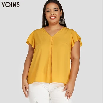 

YOINS 2020 Elegant V-neck Short Sleeve Button Blouse Women Casual Loose Solid Shirt Spring Summer Ladies Blusas Femme Plus Size