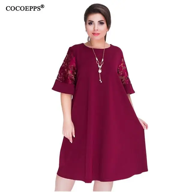 Burgundy 5XL 6XL весеннее женское кружевное платье большого размера летнее повседневное кружевное лоскутное офисное платье большого размера свободные вечерние платья - Цвет: Burgundy