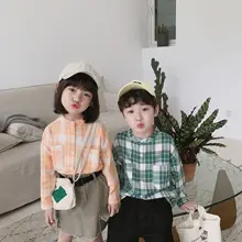 Детские клетчатые рубашки зеленого цвета/сока хлопковые блузки с длинными рукавами для девочек Одежда для мальчиков комплект из двух предметов, топы для девочек