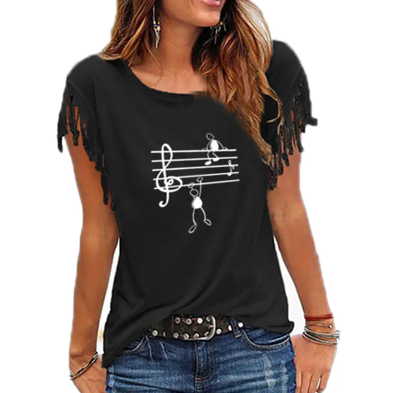 2021 Fashion Music Notes Woman T Shirt Print Fit Ladies Casual Cotton Tassel Short Sleeve O-neck T-shirt 2