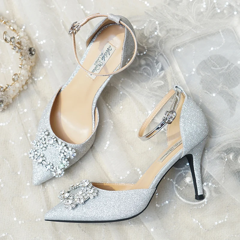 Женская свадебная обувь; Новинка года; Свадебная обувь; обувь на высоком каблуке с серебряными блестками; обувь принцессы с кристаллами