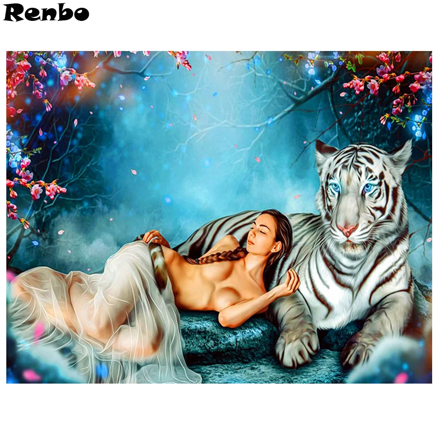 diy diamond Embroidery full square round Woman and tiger 3d Picture Of Rhinestone Painting Diamond mosaic for Ramadan gift | Дом и сад