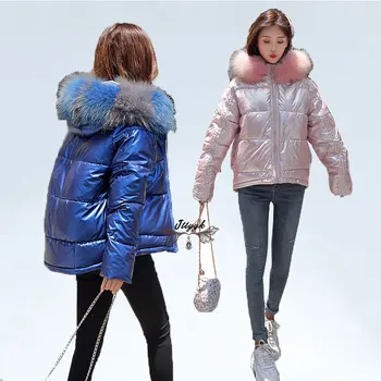 

England style Winter Coat Women Big fur Collar Loose Hooded Short Coat Sliver Black Down jacket waterproof Coat manteau Femme
