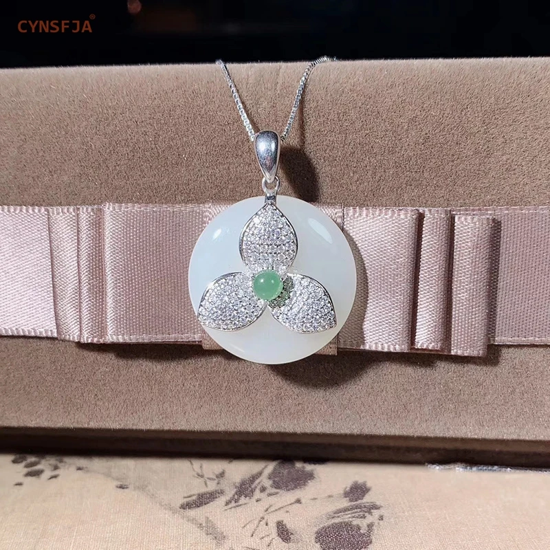 

CYNSFJA New Real Certified Natural Hetian Jade 925 Sterling Silver Handmade Amulets Peace Buckle Pendant High Quality Best Gifts