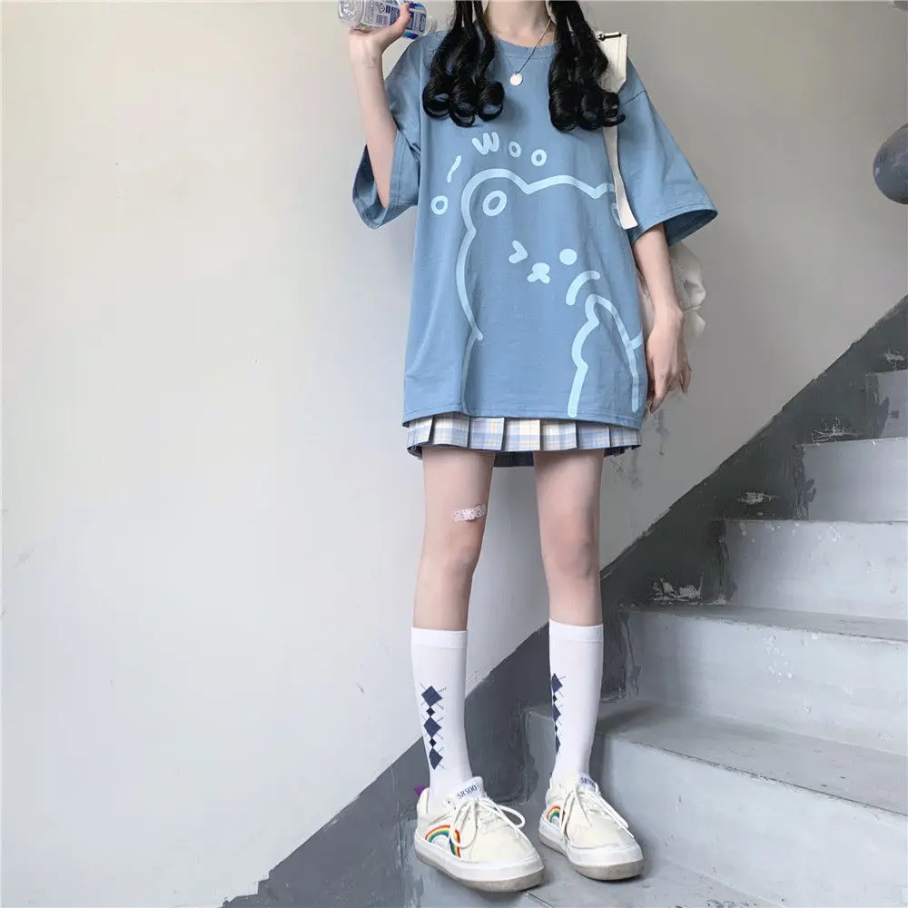 Japanese Casual Cartoon Summer Short-sleeved T-shirt Female Student Loose Soft Girl Cute College Style All-match Loose Top New winter jackets for men