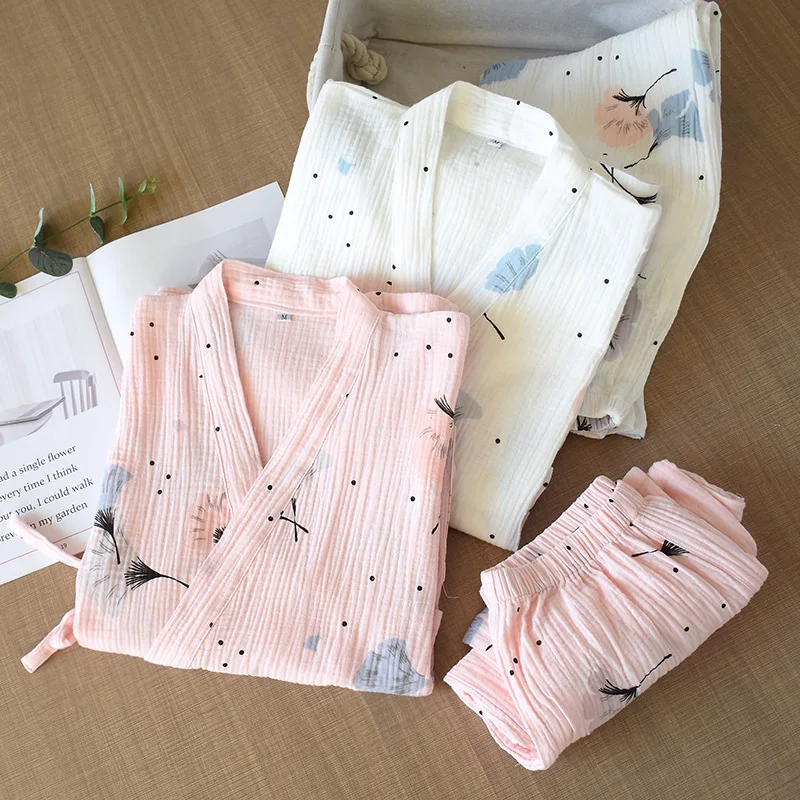 

Autumn Women Pajamas Set Printed Pink/White Sleepwear Women V-Neck Gauze Cotton Pijamas Female Homewear Kimono Pyjamas