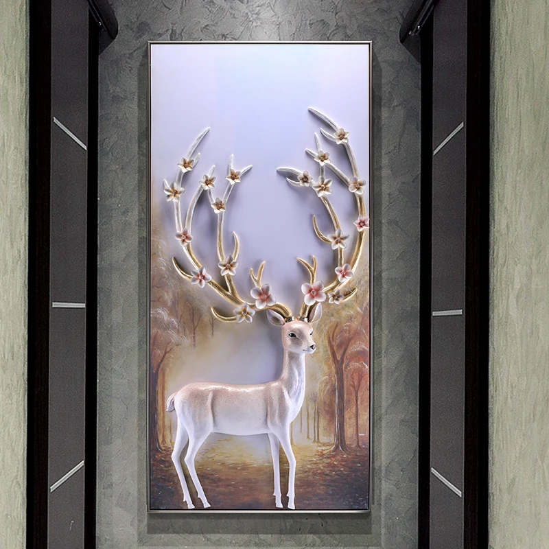 Porch Decorative Painting 3d Relief Painting Painting Vertical Living Room European-style Wealth Deer Home Entrance Wall Mural