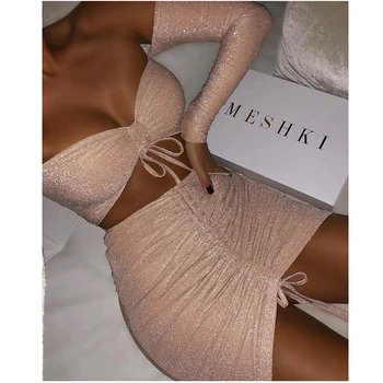 

Colysmo Glitter Two Piece Set Top And Skirt Plus Size 2 Piece Sets Women 2019 Autumn Sexy Drawstring Tie Up Ruched Party Outfits