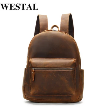 

WESTAL Crazy Horse Leather Backpack for Men Laptop Backpack Vintage Schoolbag Multi-function Daypack Simple Shoulder Bag