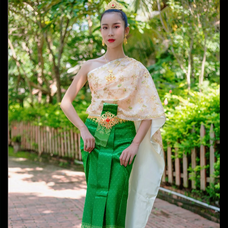 

Thailand Traditional Clothing for Women Green One Shoulder Tops Pha Sin Shawl Restaurant Welcome Annual Meeting Costume Thai