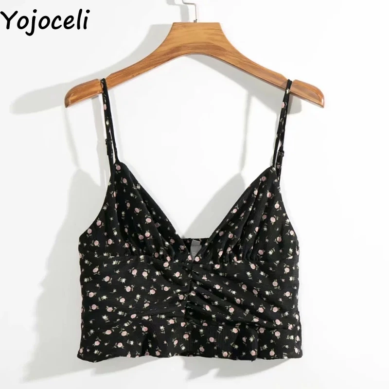 Yojoceli, элегантные, с цветочным принтом, короткие, с рюшами, женские Топики, сексуальные, пляжные, крутые, повседневные, на бретелях, короткий топ, летние, женские, модные, милые топы
